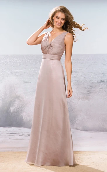 Sleeveless V-Neck Floor-Length Bridesmaid Dress With Knot Detail