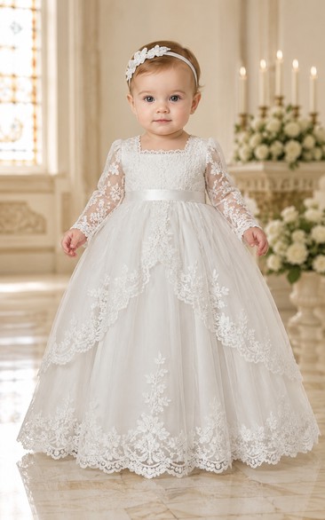 Baby Christening Gown Modest Princess Ball Gown Long Sleeve Illusion Tulle Lace Floor-Length with Bow Sash in White