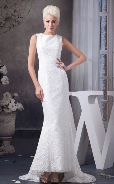 High-Neck Sleeveless Lace Dress With Sweep Train