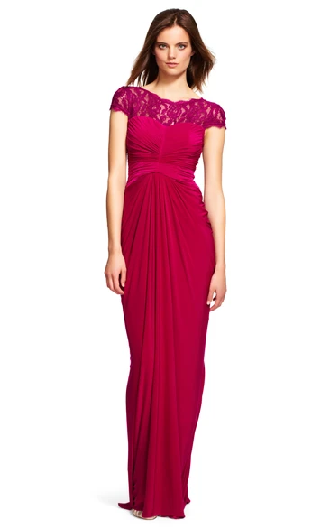 Sheath Cap Sleeve Criss-Cross Bateau Neck Chiffon Bridesmaid Dress