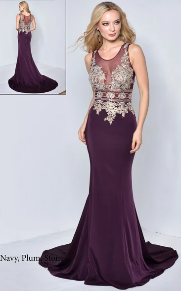Sheath V-Neck Sleeveless Court Train Illusion Dress With Beading