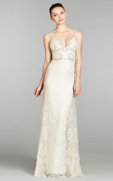 Luxurious Sleeveless V-Neck Lace Champagne Bridesmaid Dress with Crystal Detailing
