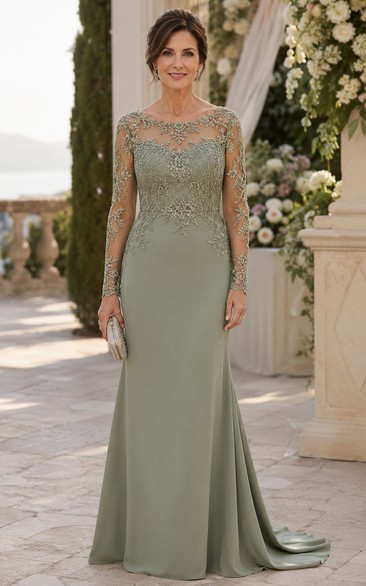 Sage Illusion Lace Mermaid Mother of the Bride Dress with Sweep Train