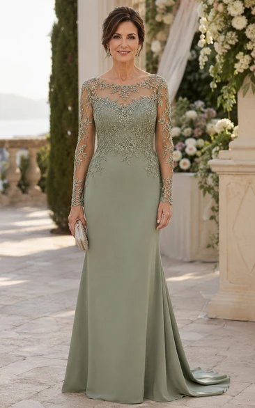 Sage Illusion Lace Mermaid Mother of the Bride Dress with Sweep Train
