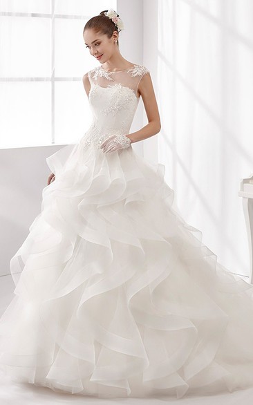 Jewel-Neck A-Line Wedding Gown with Cascading Ruffles and Illusive Neckline 