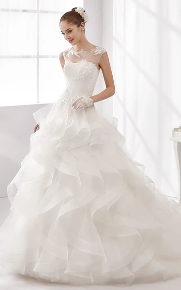 Jewel-Neck A-Line Wedding Gown with Cascading Ruffles and Illusive Neckline 