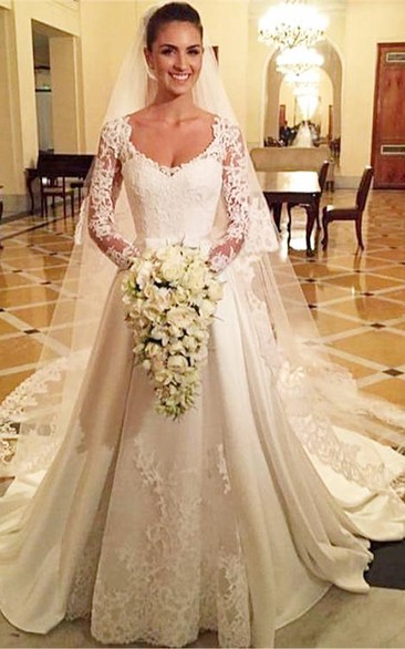 Elegant Scoop Long Sleeve Vintage Wedding Dress With Lace Appliques