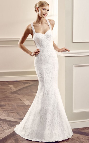 Floor-Length Halter Lace Wedding Dress With Brush Train