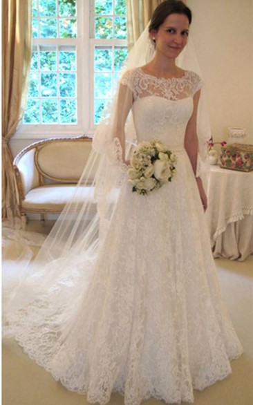 New Arrival Lace A-line Princess Modest Wedding Dresses With Cap Sleeves