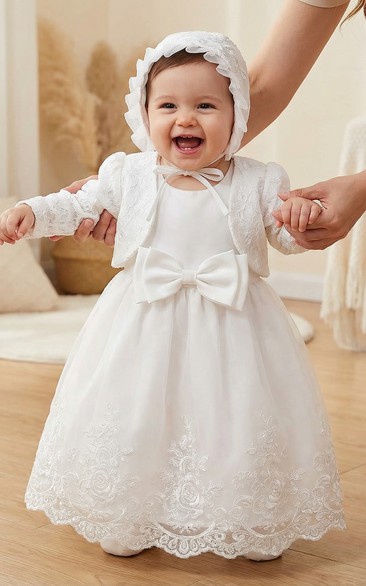 Christening White Baby Flower Girl Dress Long Sleeve Lace Jacket Bow Gown