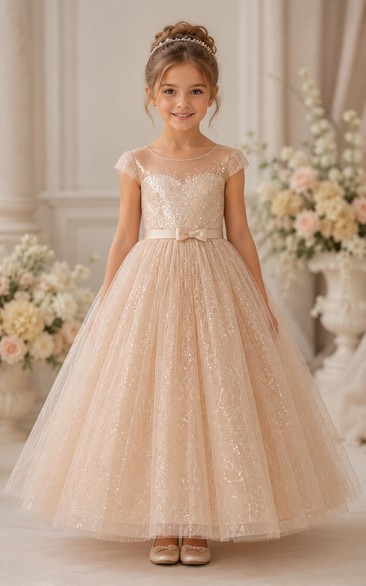 Sparkle Tulle Cap Sleeve Flower Girl Ball Gown with Beaded Belt