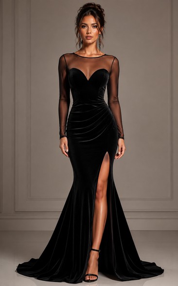 Black Velvet Prom Dress with Long Sleeves and Slit Mermaid Gown