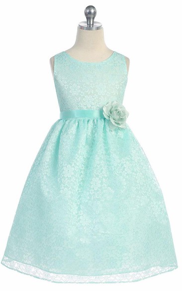 Tea-Length Floral Tiered Lace Flower Girl Dress