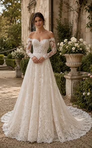 Vintage Off-the-Shoulder Lace Ball Gown Wedding Dress