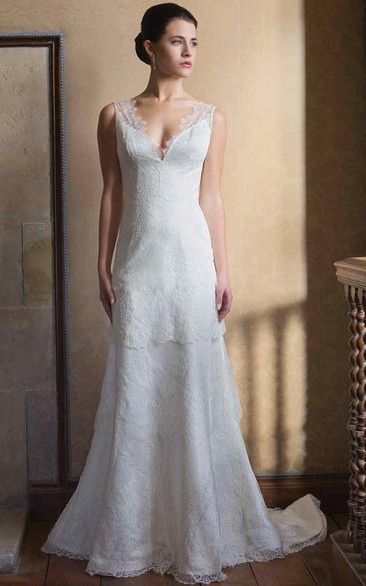 Sheath Floor-Length Sleeveless V-Neck Appliqued Lace Wedding Dress