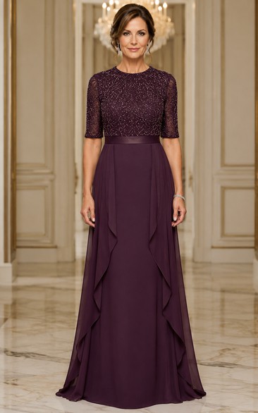 Plum A-Line Chiffon Mother of the Bride Dress with Sequin Lace Bodice
