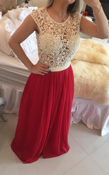 Gorgeous Red Pearls Lace Prom Dresses Long Chiffon