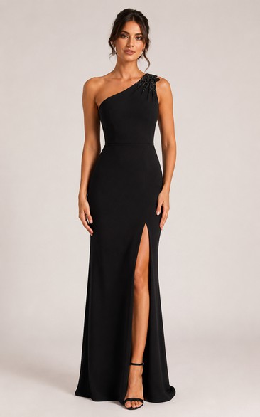 One-Shoulder Beaded Slit Evening Gown