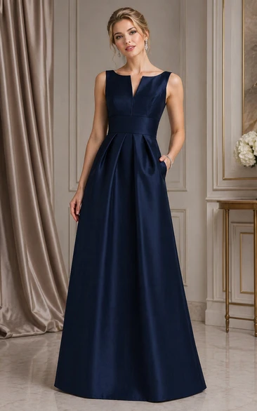 Notch Neck Satin Long Dress with Pleats
