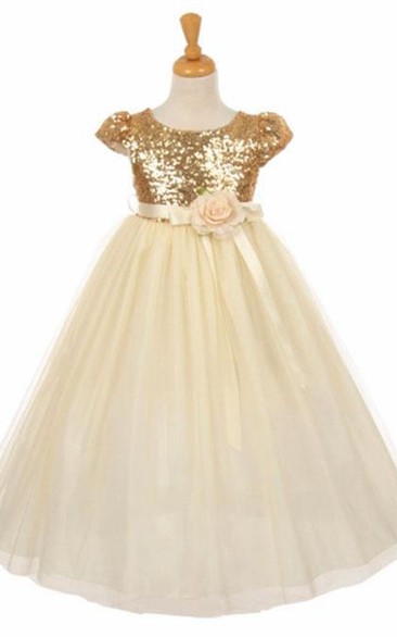 Short Floral Floral Empire Tulle&Sequins Flower Girl Dress With Sash