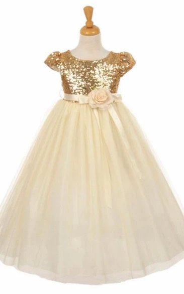 Short Floral Floral Empire Tulle&Sequins Flower Girl Dress With Sash
