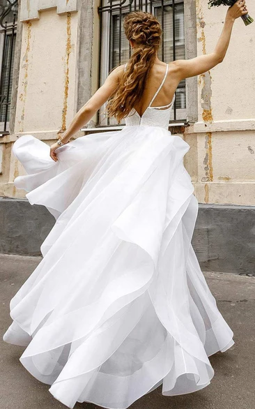Flowy Spaghetti Layered Simple Wedding Dress With Lace Top