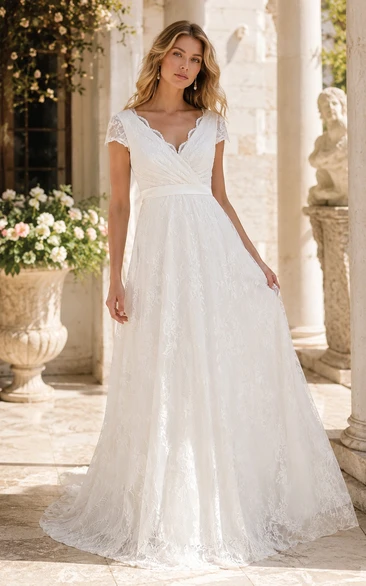 Ivory V-Neck Cap Sleeve Lace A-Line Wedding Dress