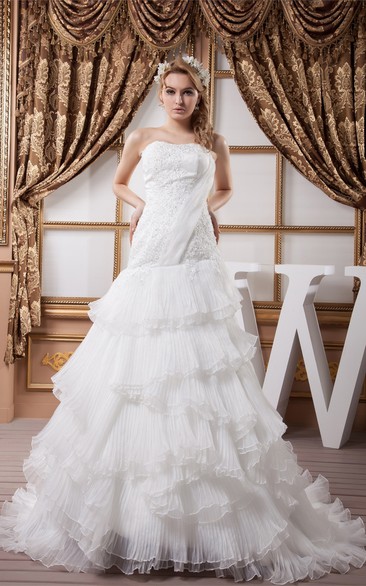 Sleeveless A-Line Ruffled Appliqued Bodice and Gown With Pleats