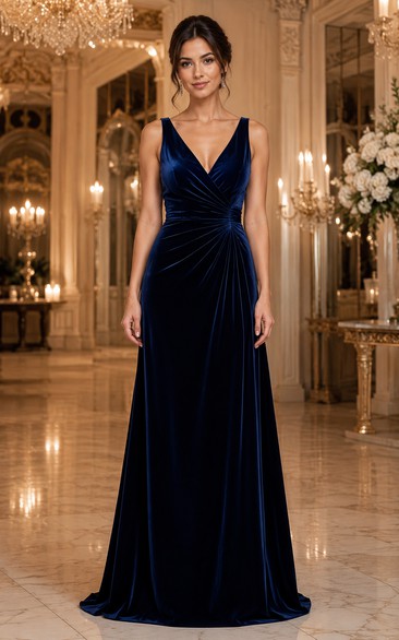 Dark Navy Velvet V-neck A-Line Evening Dress