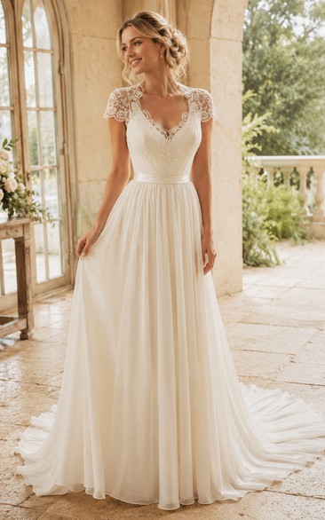 Elegante vestido de novia de gasa con escote redondo y mangas cortas, con encaje.