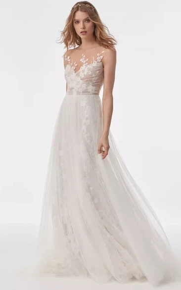 Flowy Sleeveless Lace Applique Empire Sheath Criss-cross Wedding Dress with Tulle Overlay