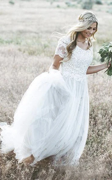 A-line Lace Appliques Bohemian Short Sleeve Tulle Wedding Dress With Ruching