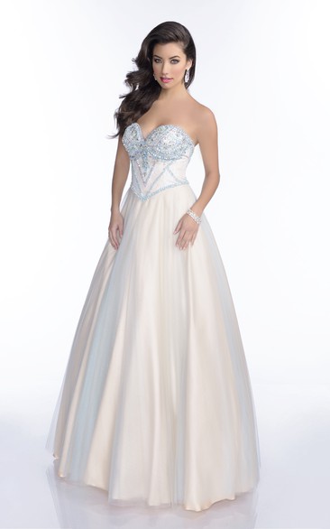 Tulle A-Line Sweetheart Prom Dress Featuring Lace-Up Back And Jeweled Bust