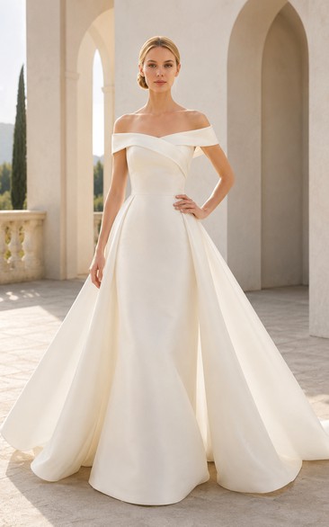 Off-the-Shoulder Satin A-Line Wedding Dress with Court Train