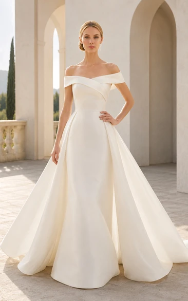 Vestido de novia de satén con escote Bardot y corte en A, con cola.