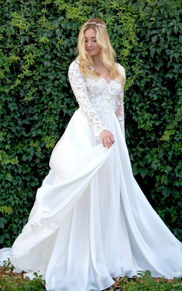 Long Sleeve Empire Chiffon A-line Wedding Dress with Lace Top