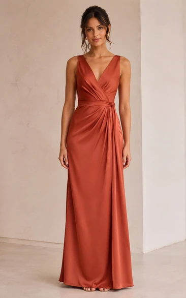 Papaya V-Neck Satin A-Line Bridesmaid Dress