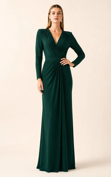 Vestido largo de manga larga con escote en V y corpiño cruzado, color verde oscuro.