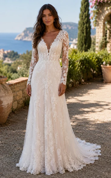 Long Sleeve Lace Wedding Dress with V Neck Bodice and Soft Train