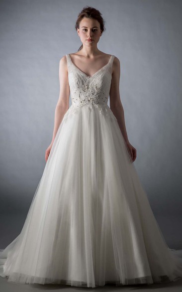 V-Neck Floor-Length Beaded Tulle Wedding Dress With Court Train And V Back