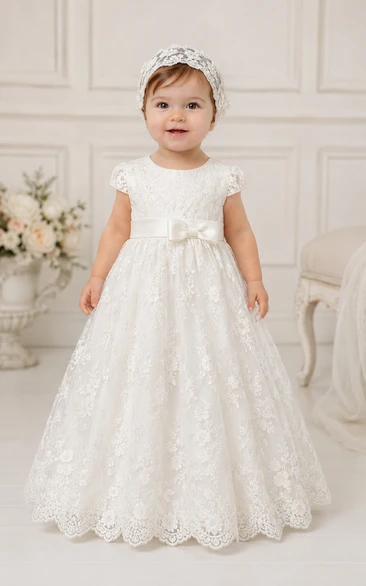 Baby Christening Gown Modest A-Line Cap Sleeve Tulle Lace Floor-Length with Bow Sash in White