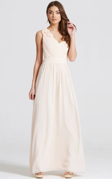 Floor-Length One-Shoulder Sleeveless Floral Chiffon Bridesmaid Dress