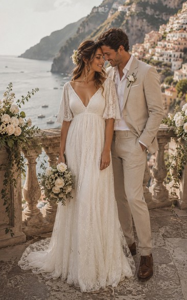 Half-sleeve V-neck Lace Boho Country Empire Wedding Dress