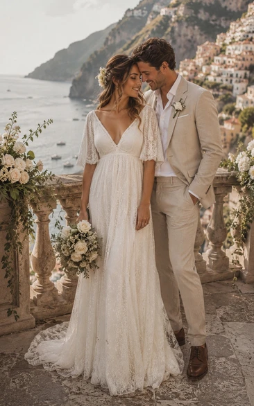 Half-sleeve V-neck Lace Boho Country Empire Wedding Dress