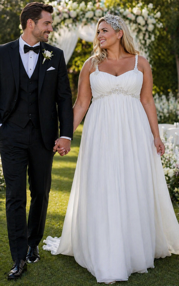 Plus Size Beach Empire A-line Wedding Dress | White Chiffon Women Bridal Gown for Curvy Bride
