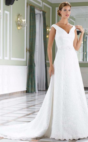 A-Line Jeweled Floor-Length V-Neck Sleeveless Lace Wedding Dress With Court Train And Low-V Back