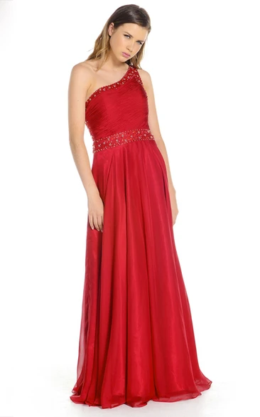 One-Shoulder Ruched Sleeveless Chiffon Prom Dress With Beading And Straps