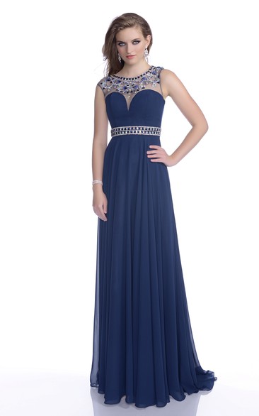 A-Line Chiffon Sleeveless Prom Dress Featuring Keyhole Back And Jeweled Waist