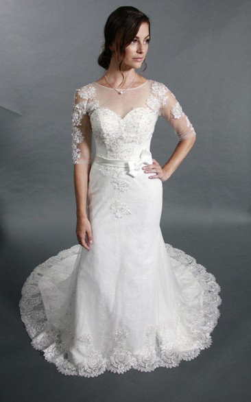 Half Sleeve Mermaid Lace Dress With Jewel Neck and Illusion Back