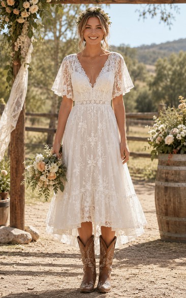 High-Low Boho Lace Country Wedding Dress with Flutter Sleeves